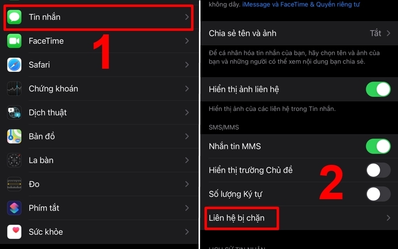 V&agrave;o Tin nhắn v&agrave; chọn Li&ecirc;n hệ bị chặn để kiểm tra danh s&aacute;ch hạn chế